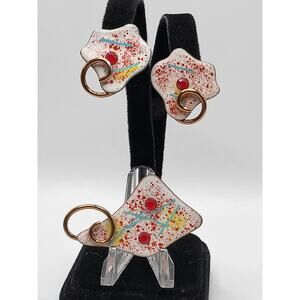 Abstract Enamel Brooch Earrings Set Gold Tone Mid Century Style Lightweight